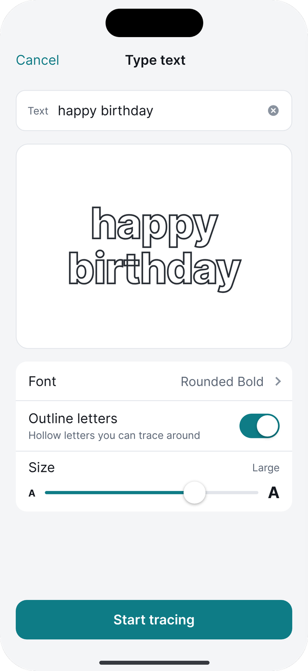 Words shown as outline letters