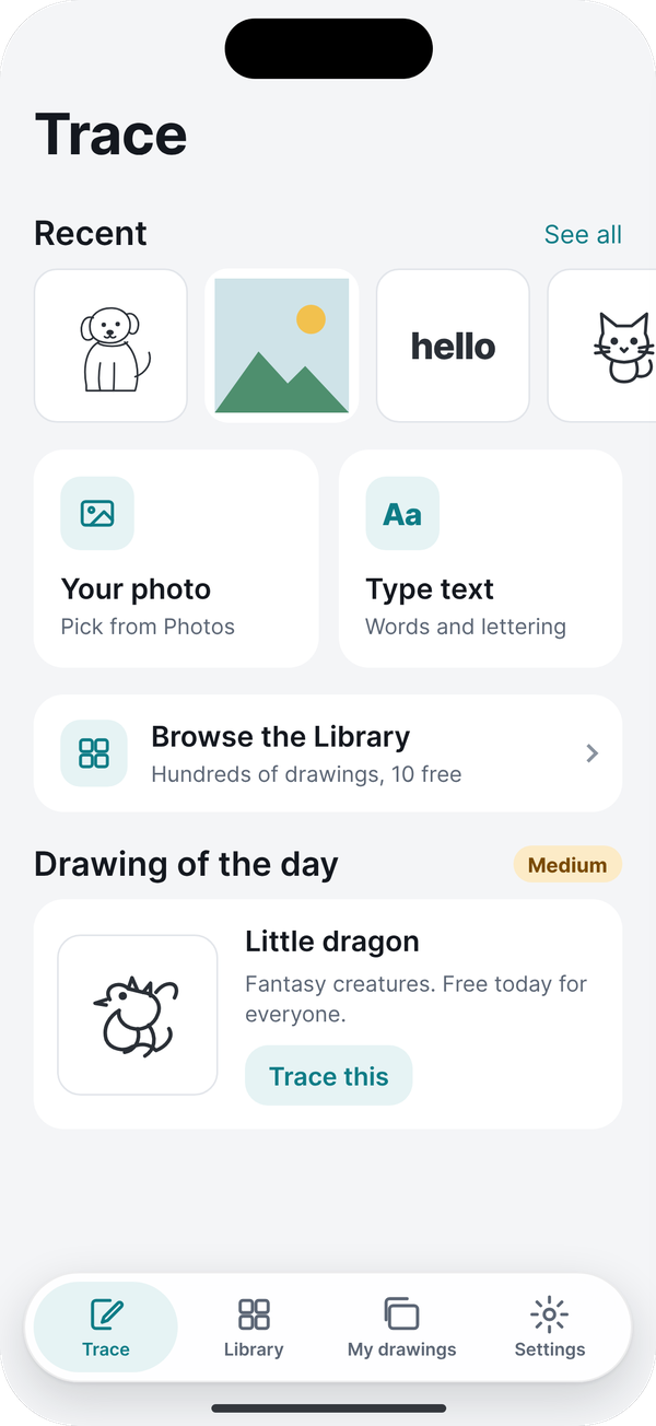 The Trace tab: your photo, type text or browse the Library